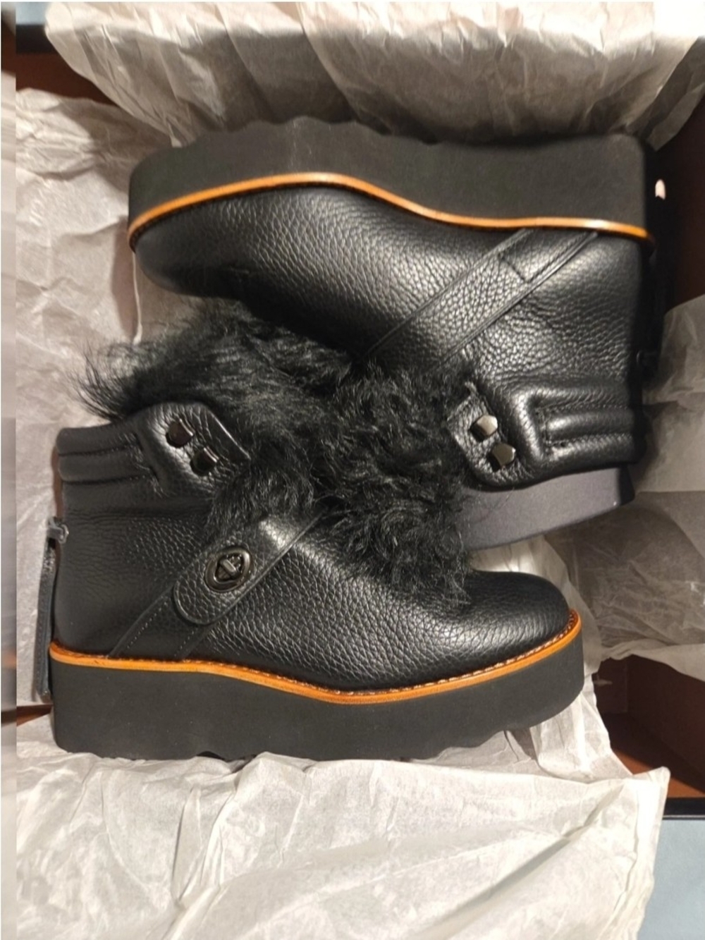 Coach Black Faux Fur Platform Ankle Boots with Orange Trim